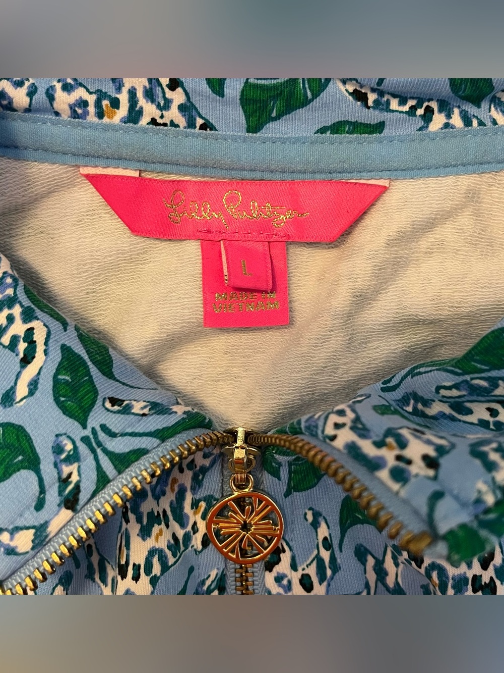 Lilly Pulitzer Blue & Green Leaf Print Quarter-Zip Pullover - Picture 2 of 5
